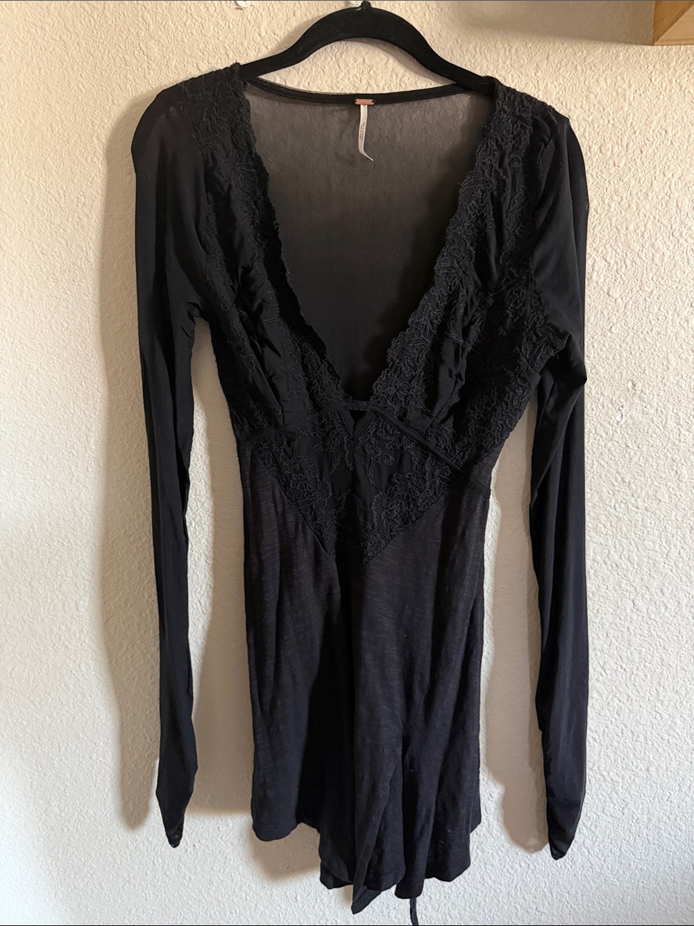 Free People Black Lace-Trim Deep V Long Sleeve Top